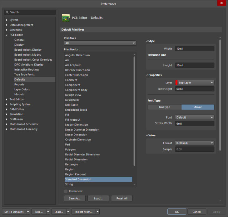 Configuring Pcb Standard Dimension Object Properties In Altium Designer Altium Designer 21 9647