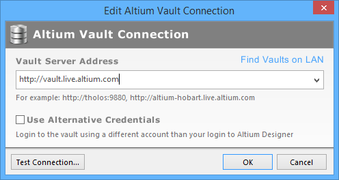 The Edit Altium Vault Connection dialog.