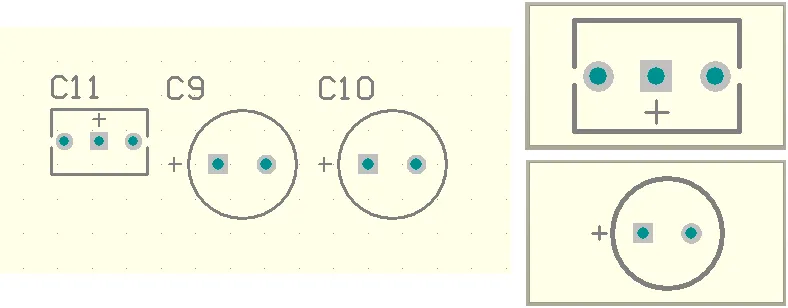 PCB文档上现有的封装（左图）和源PCB封装库中修改后的封装（右图）