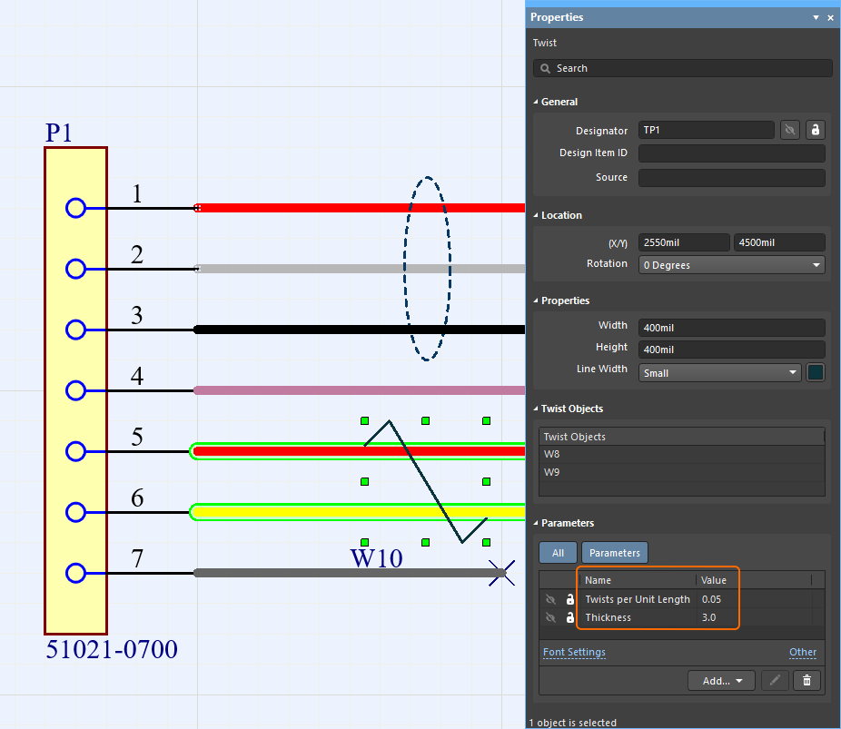 The Twists per Unit Length and Thickness are defined as parameters of the ECAD harness Twist object.