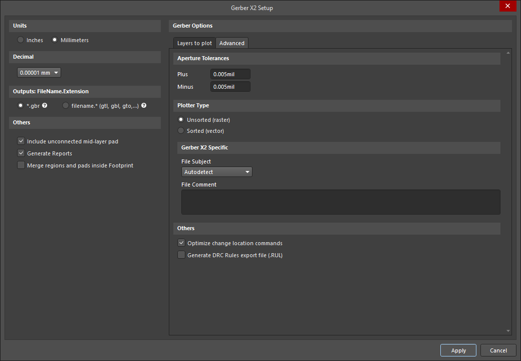 The Gerber X2 Setup dialog. Hover the mouse over the image to alternate between the Layers to plot and Advanced tabs.