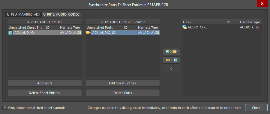 The Synchronize Ports to Sheet Entries dialog is used to ensure that the Sheet Entries match with the Ports on the child sheet. Note the two tabs, which means there are two Sheet Symbols that have Sheet Entry / Port mismatches in this design.
