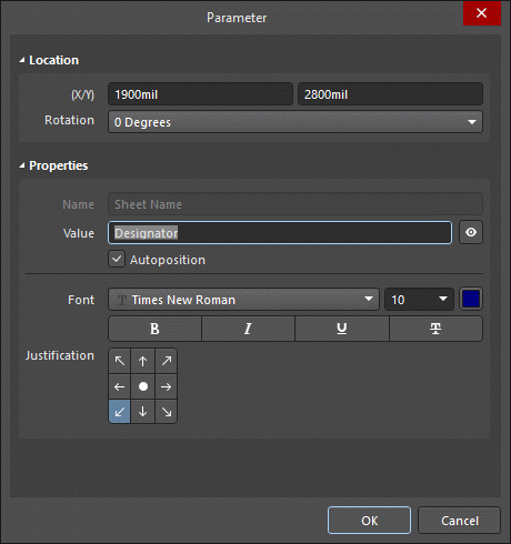 The Parameter dialog, on the left, and the Parameter mode of the Properties panel on the right