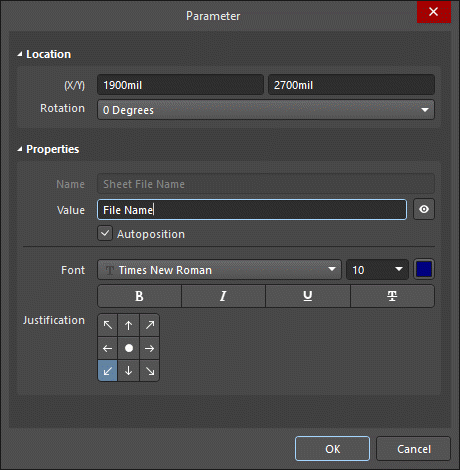 The Parameter dialog, on the left, and the Parameter mode of the Properties panel on the right
