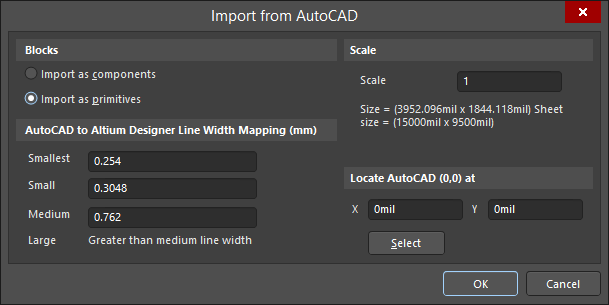 The Import from AutoCAD dialog (schematic or schematic symbol)